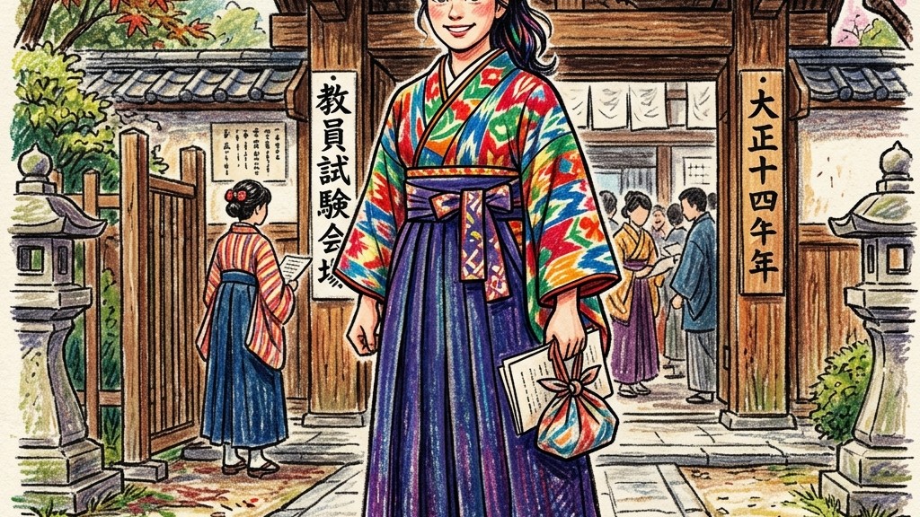 『ばけばけ』スピンオフ「オサワ、スイーッチョン。」主役のサワ(円井わん)を描いたアイキャッチ画像。大正モダンな銘仙着物と袴姿。