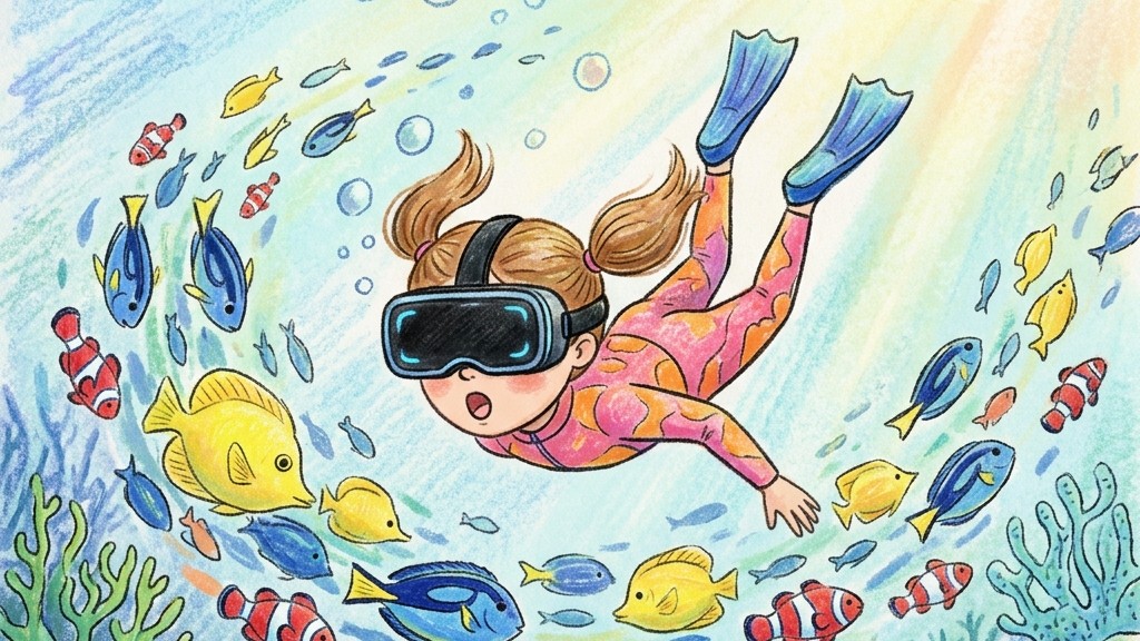 シャープの超軽量198g VRグラス Xrostella VR1（クロステラ）を体験する星井美希の海中ダイブシーン（クレヨン画風）