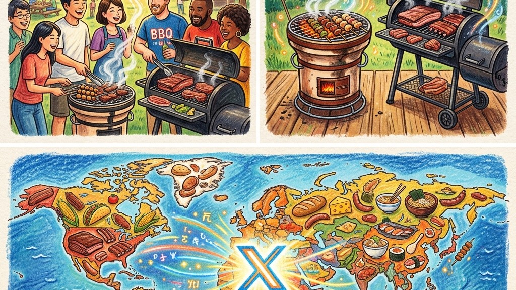 Xの自動翻訳機能(Grok)とグローバルBBQ交流を描いたクレヨン画風のイラスト