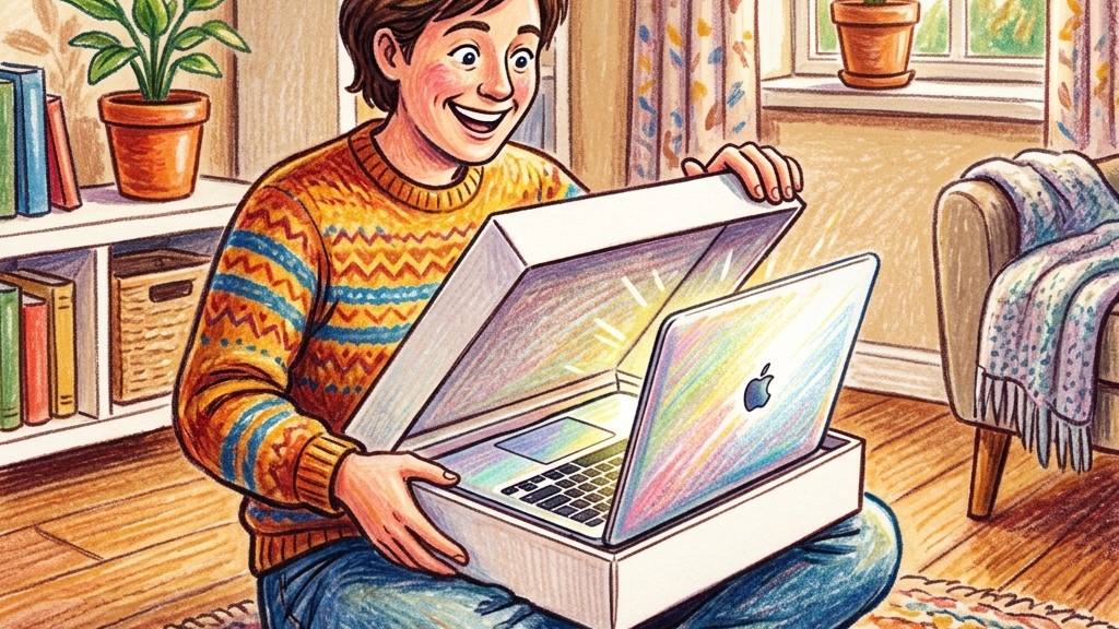 マックブック M5 整備済み品を開封して喜ぶ人物のイラスト