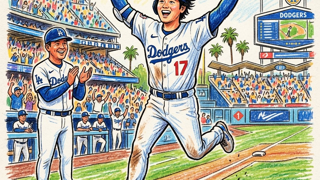 大谷翔平 連続出塁記録 ドジャース 一塁ベース ガッツポーズ クレヨン画風