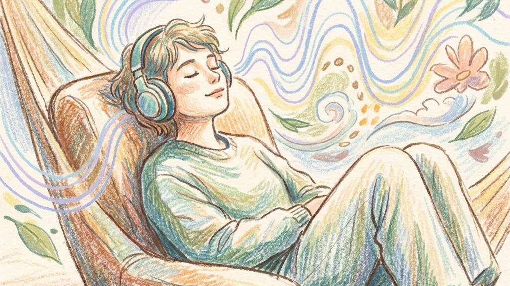 デジタル疲れを癒やす耳活（みみかつ）のクレヨン画風イラスト。ヘッドホンをつけ、音の波と自然に包まれてリラックスする人物。