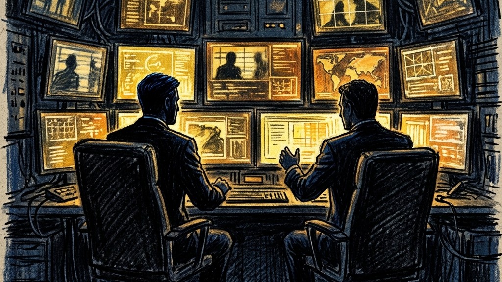 シークレットNGハウス Season2の脱落予想を象徴する、モニターを監視する二宮和也と若林正恭のシルエット（クレヨン画風）