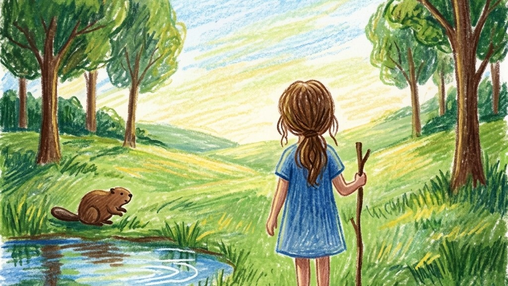 映画『私がビーバーになる時』の主人公メイベル・タナカとビーバーが森に佇む様子を描いたアイキャッチ画像