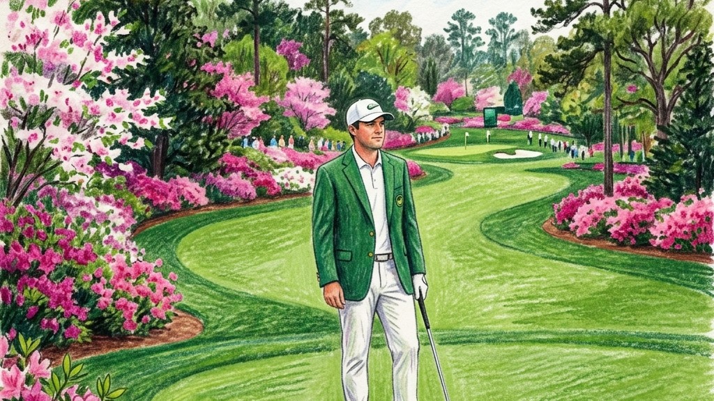 マスターズ2026 オーガスタ・ナショナルでグリーンジャケットを着たプロゴルファーのイラスト