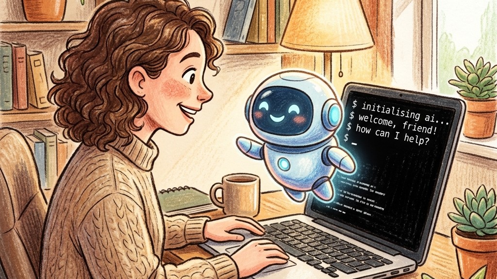 Claude Codeの使い方解説イメージ：AIエージェントがターミナルから現れて操作をサポートする様子